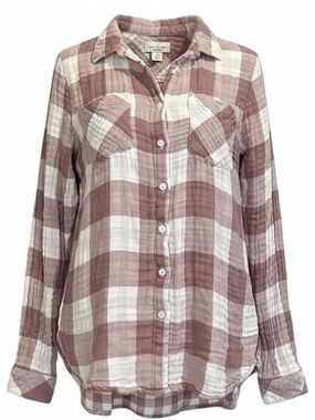 Thread & Supply Medium Dusty Rose Mauve 100% Cotton Plaid Button Down Top Gauze